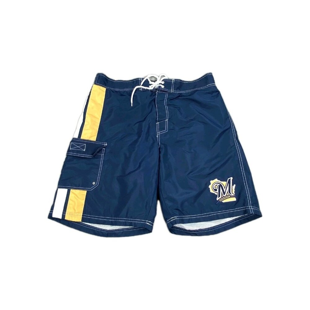 G III Sports by Carl Banks Milwaukee Brewers Swim Shorts Men's XL Navy Blue